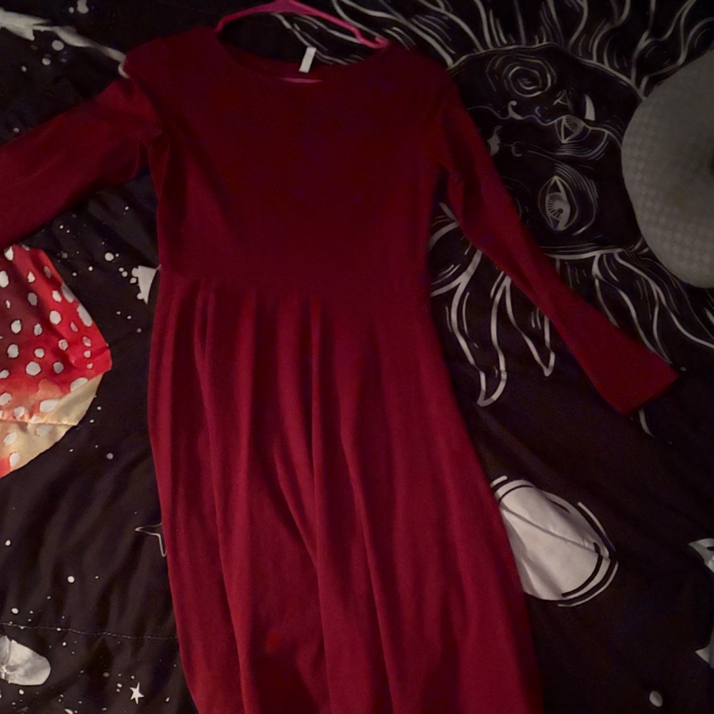 Long Sleeve Burgundy Fit-and-Flare Knit Dress